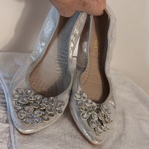 Silver Glitter Flats with Floral Embellishments